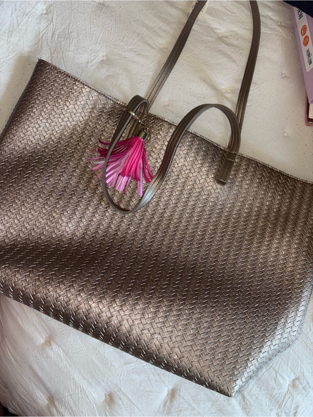 Victoria's Secret Metallic Bronze Tote with Pink Tassel Charm